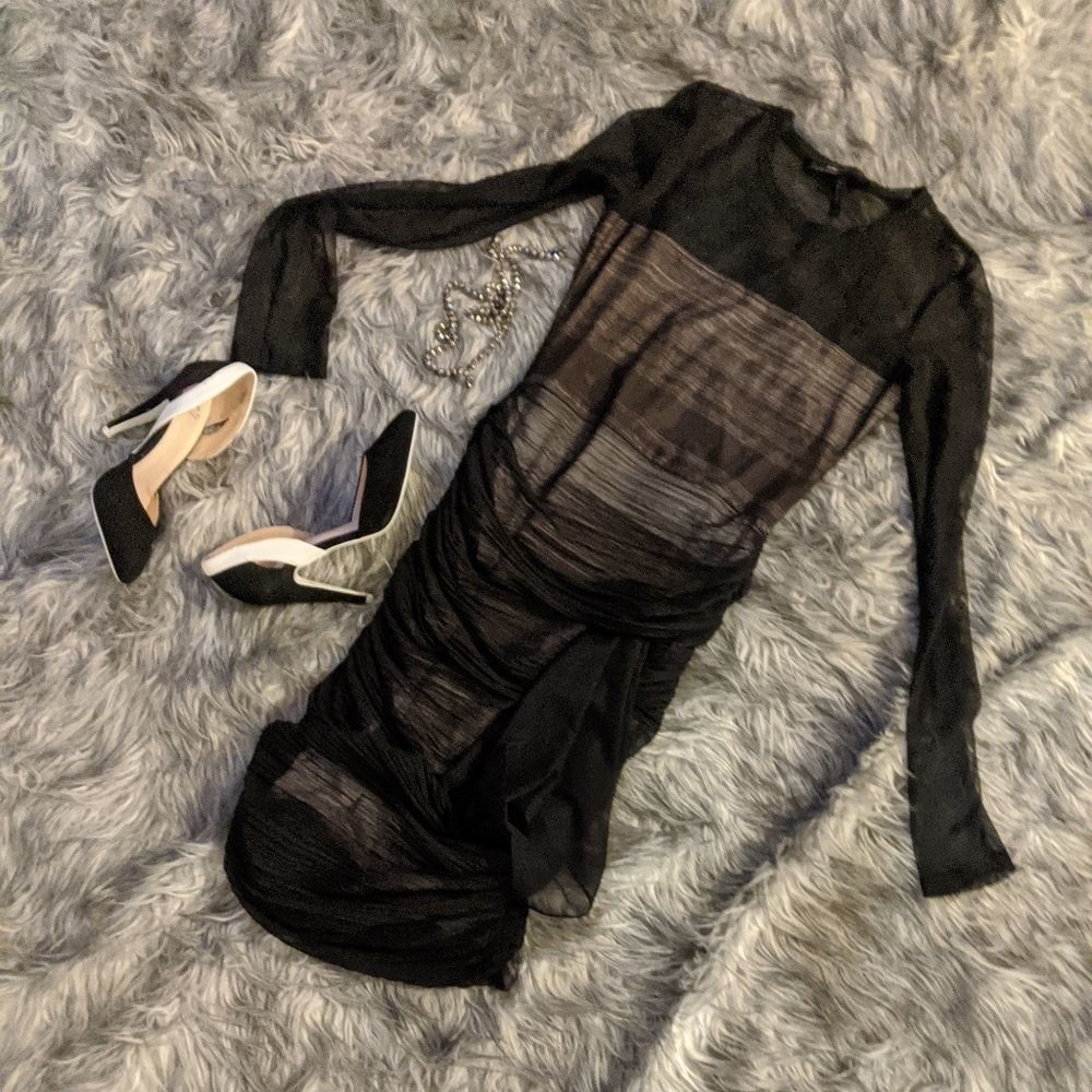 BCBG- Black Print Mesh Draped Long Sleeve Dress